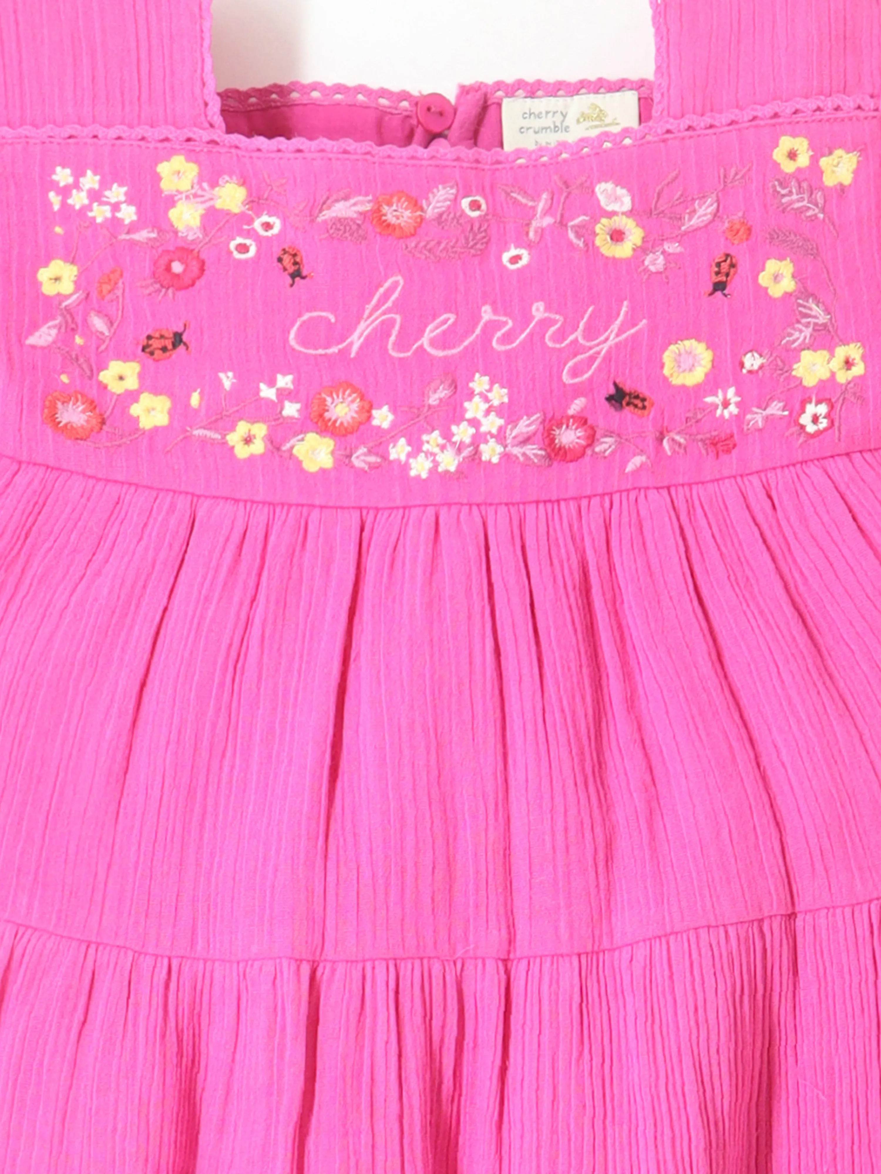 Smart Casual Pink Cotton Puff Sleeves & Square Neck with Zipper Closure Embroidered Fit & Flare Dress For Girls