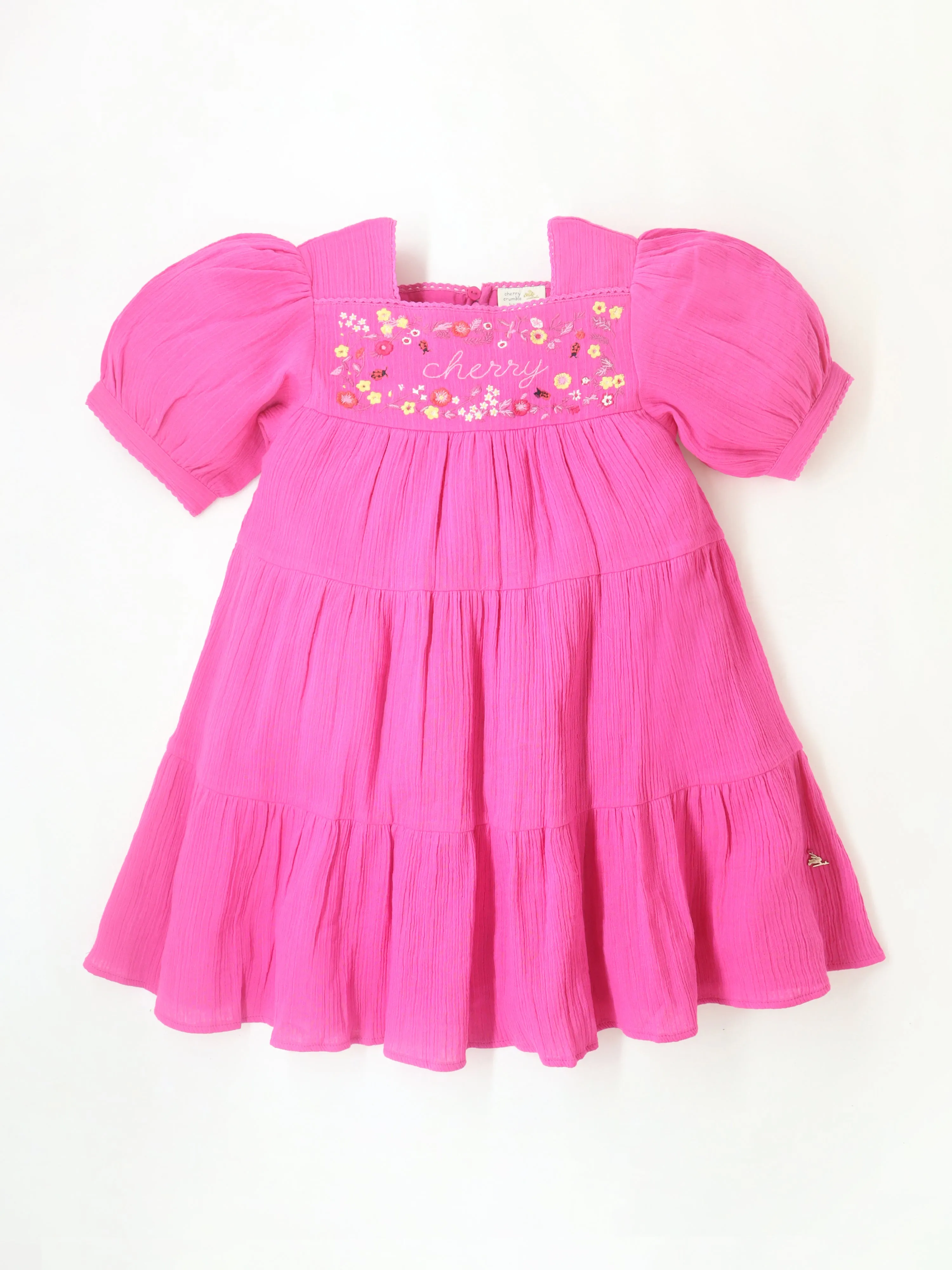 Smart Casual Pink Cotton Puff Sleeves & Square Neck with Zipper Closure Embroidered Fit & Flare Dress For Girls