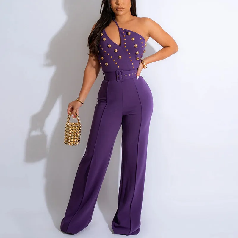 Solid Oblique Shoulder Studded Wide Leg Jumpsuit