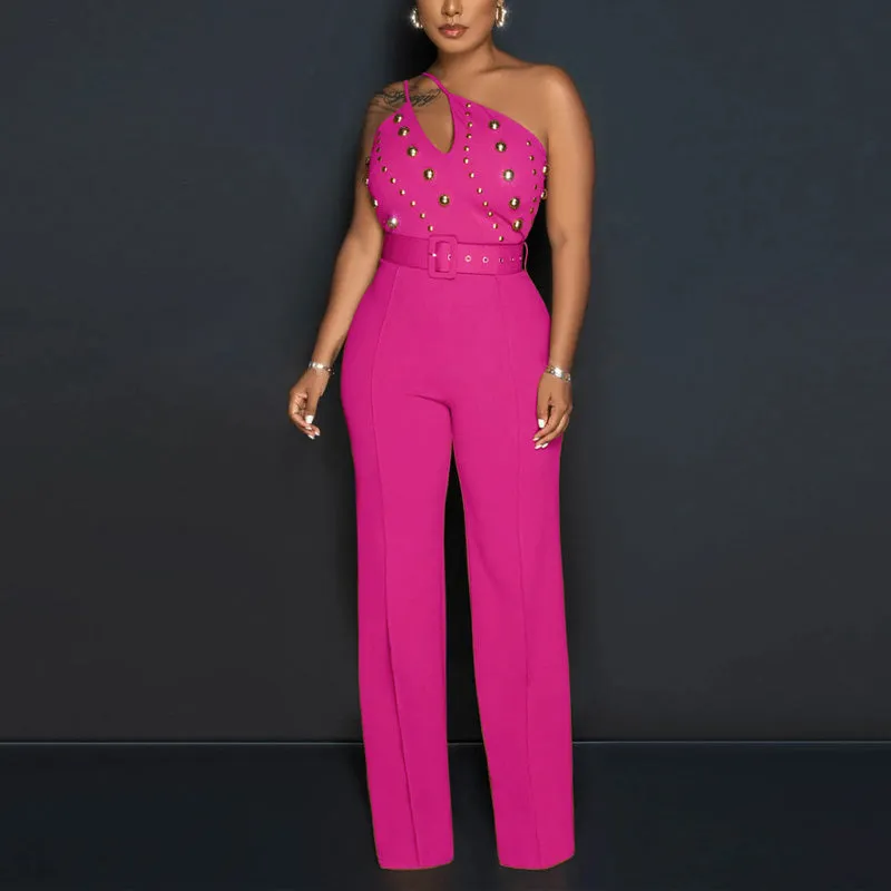Solid Oblique Shoulder Studded Wide Leg Jumpsuit