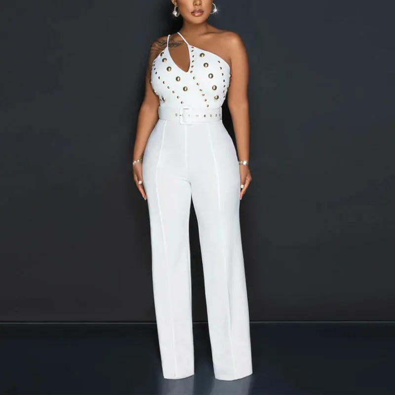 Solid Oblique Shoulder Studded Wide Leg Jumpsuit