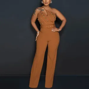 Solid Oblique Shoulder Studded Wide Leg Jumpsuit