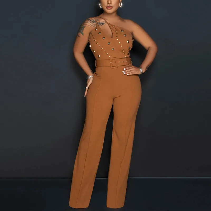 Solid Oblique Shoulder Studded Wide Leg Jumpsuit