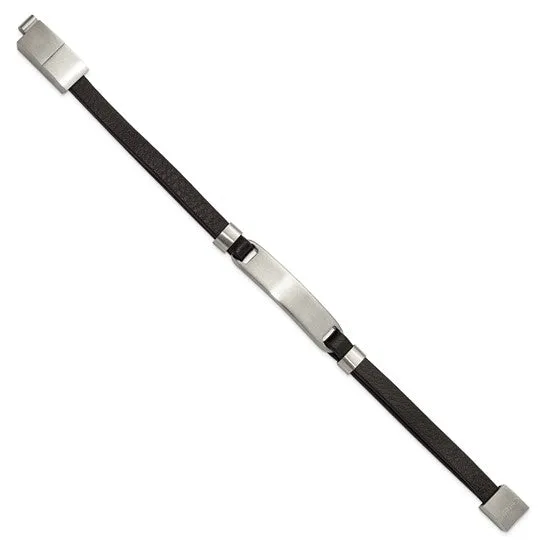 Stainless Steel Brushed Black Leather 8 inch ID Bracelet with Extension