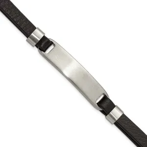 Stainless Steel Brushed Black Leather 8 inch ID Bracelet with Extension