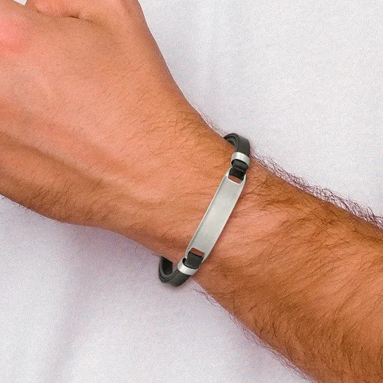 Stainless Steel Brushed Black Leather 8 inch ID Bracelet with Extension