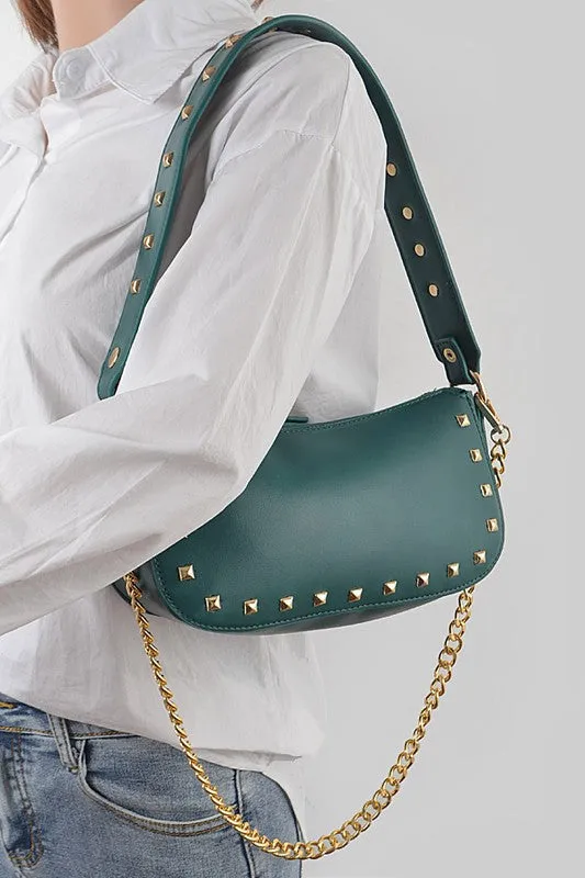 Studded Chain Shoulder Bag In Green