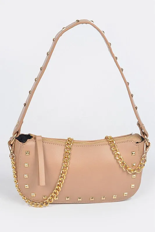 Studded Chain Shoulder Bag In Tan