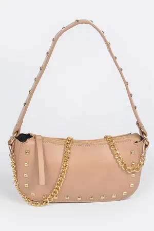 Studded Chain Shoulder Bag In Tan