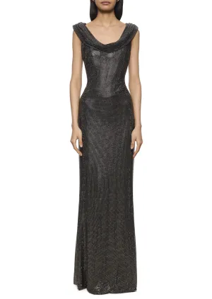 Studded Crystal Draped Gown - Black
