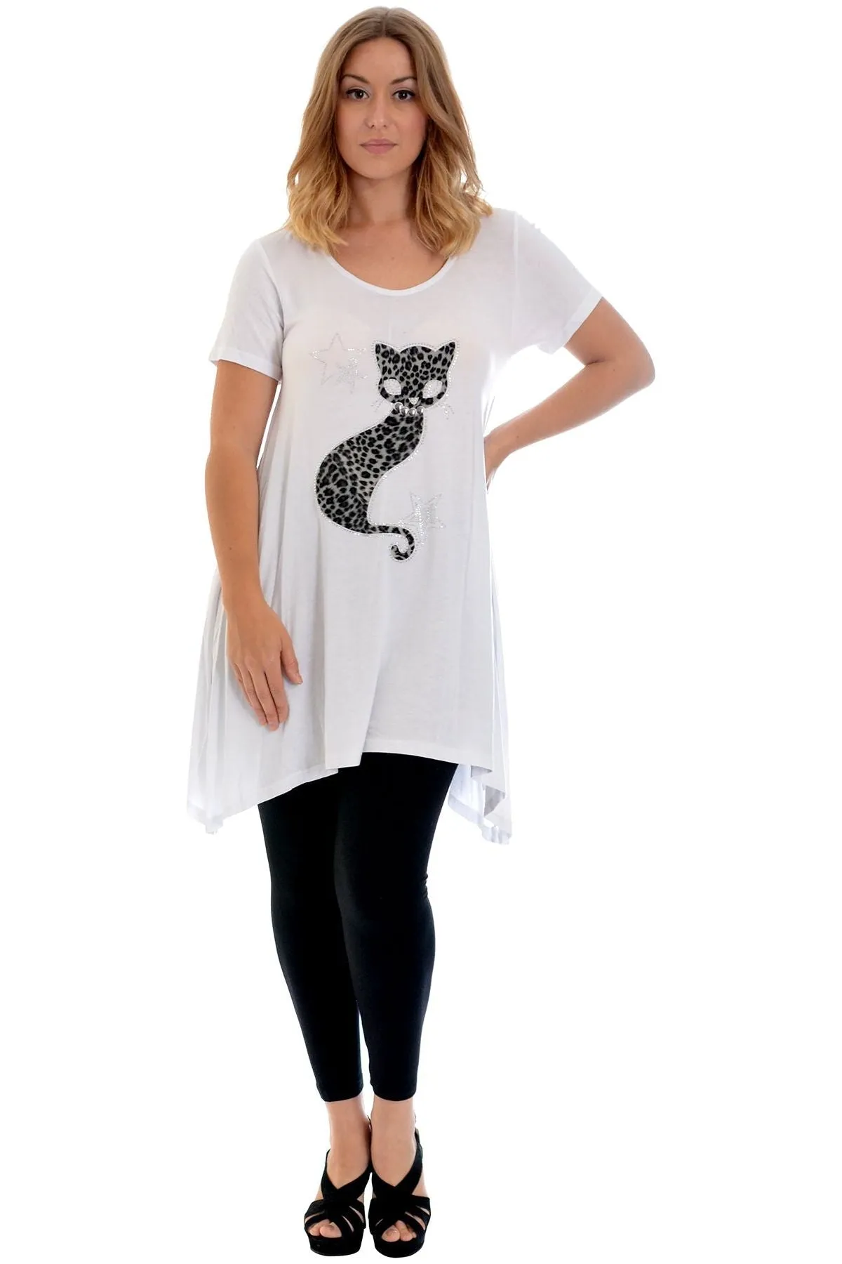 Studded Fur Cat Hanky Hem Short Sleeve Top