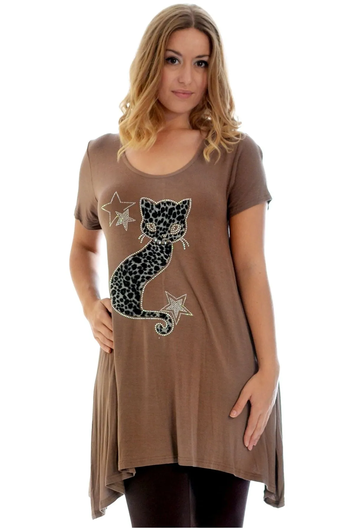 Studded Fur Cat Hanky Hem Short Sleeve Top