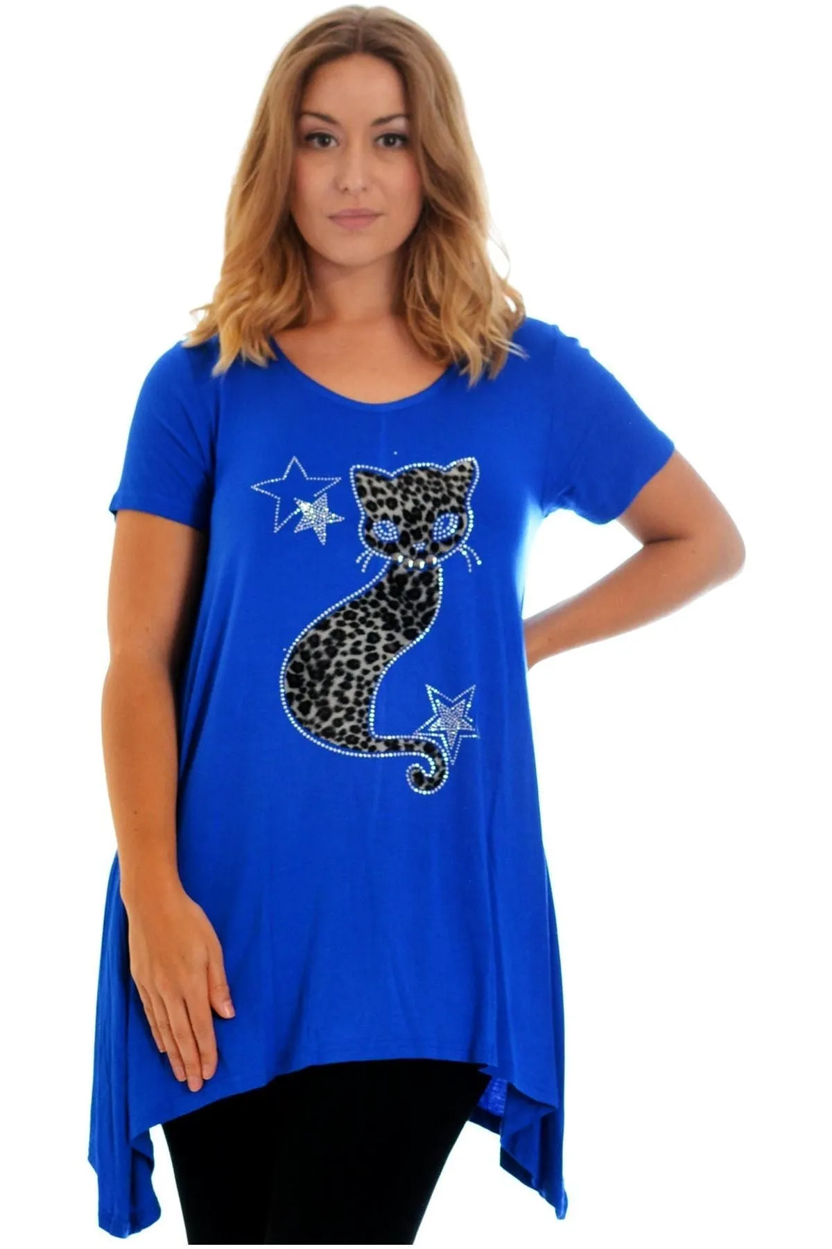 Studded Fur Cat Hanky Hem Short Sleeve Top