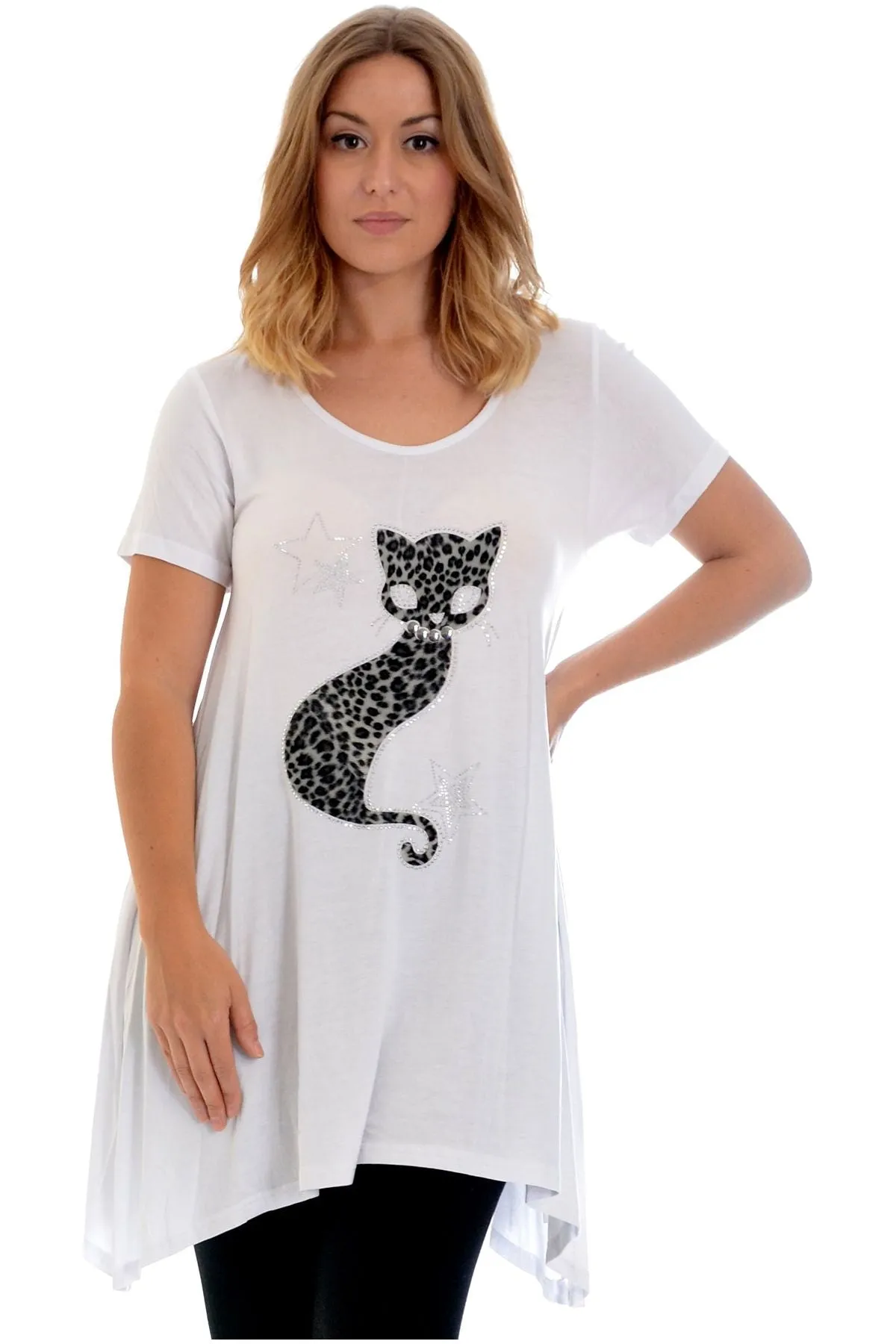 Studded Fur Cat Hanky Hem Short Sleeve Top