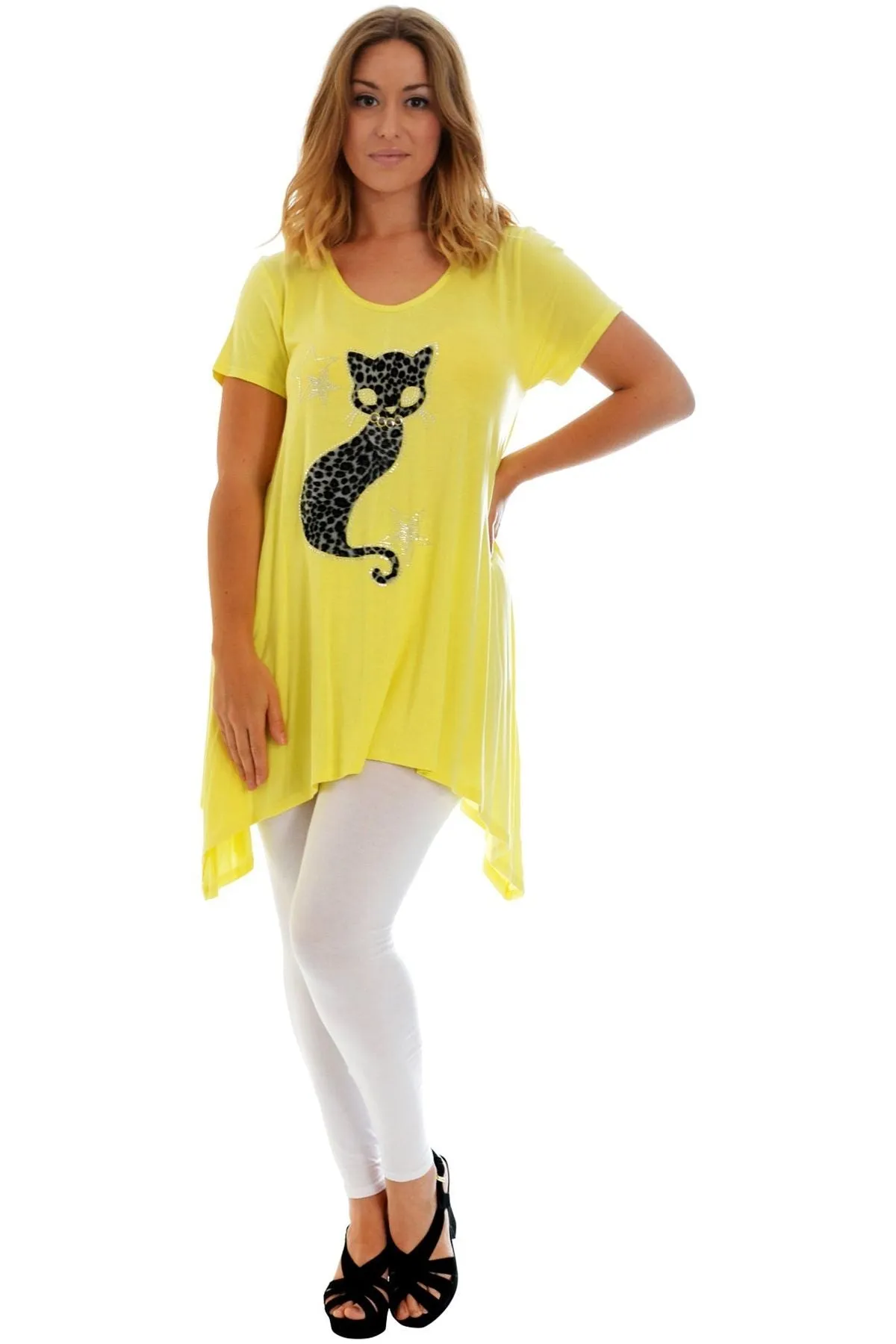 Studded Fur Cat Hanky Hem Short Sleeve Top