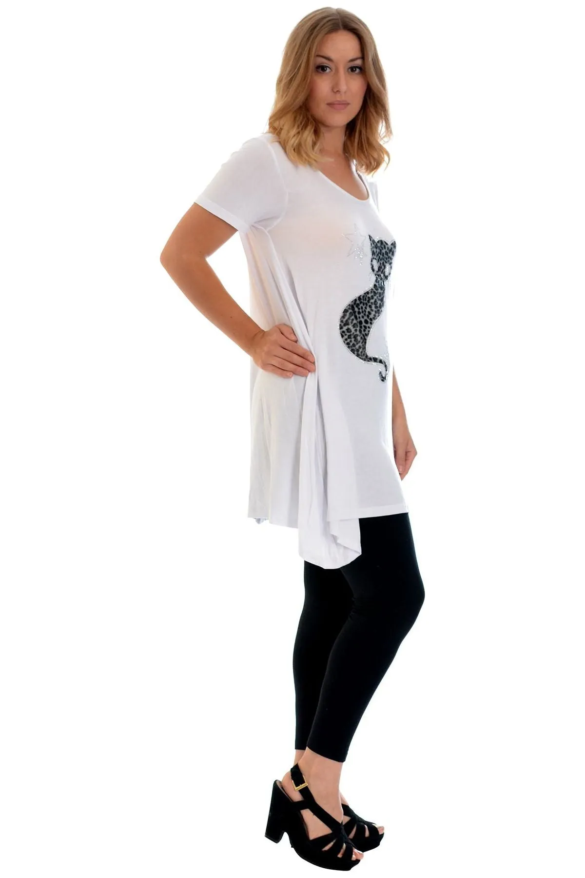 Studded Fur Cat Hanky Hem Short Sleeve Top