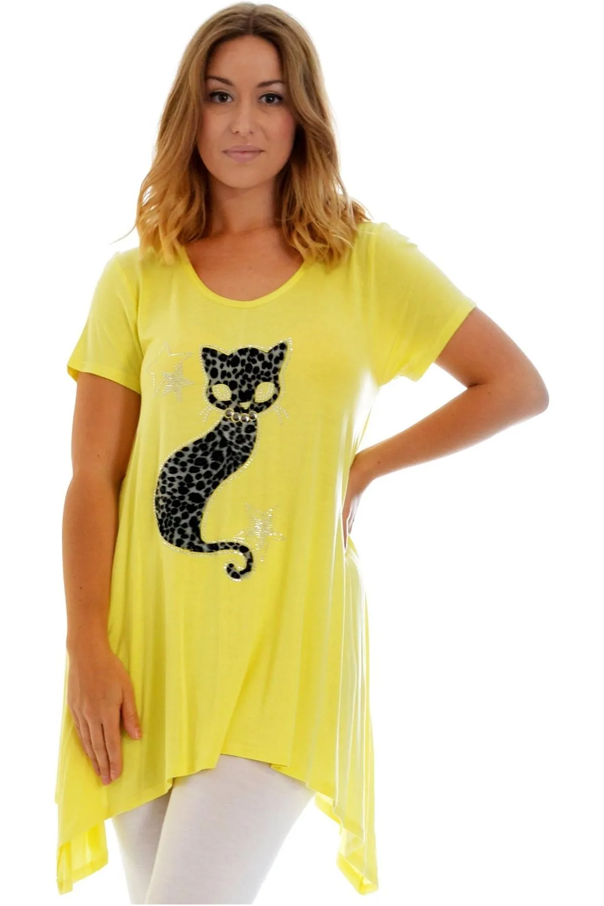 Studded Fur Cat Hanky Hem Short Sleeve Top