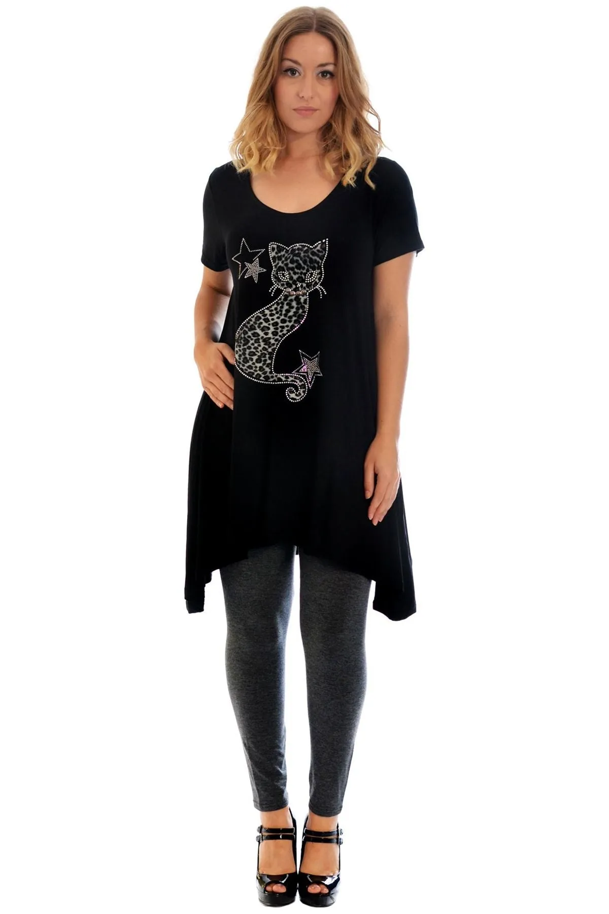 Studded Fur Cat Hanky Hem Short Sleeve Top