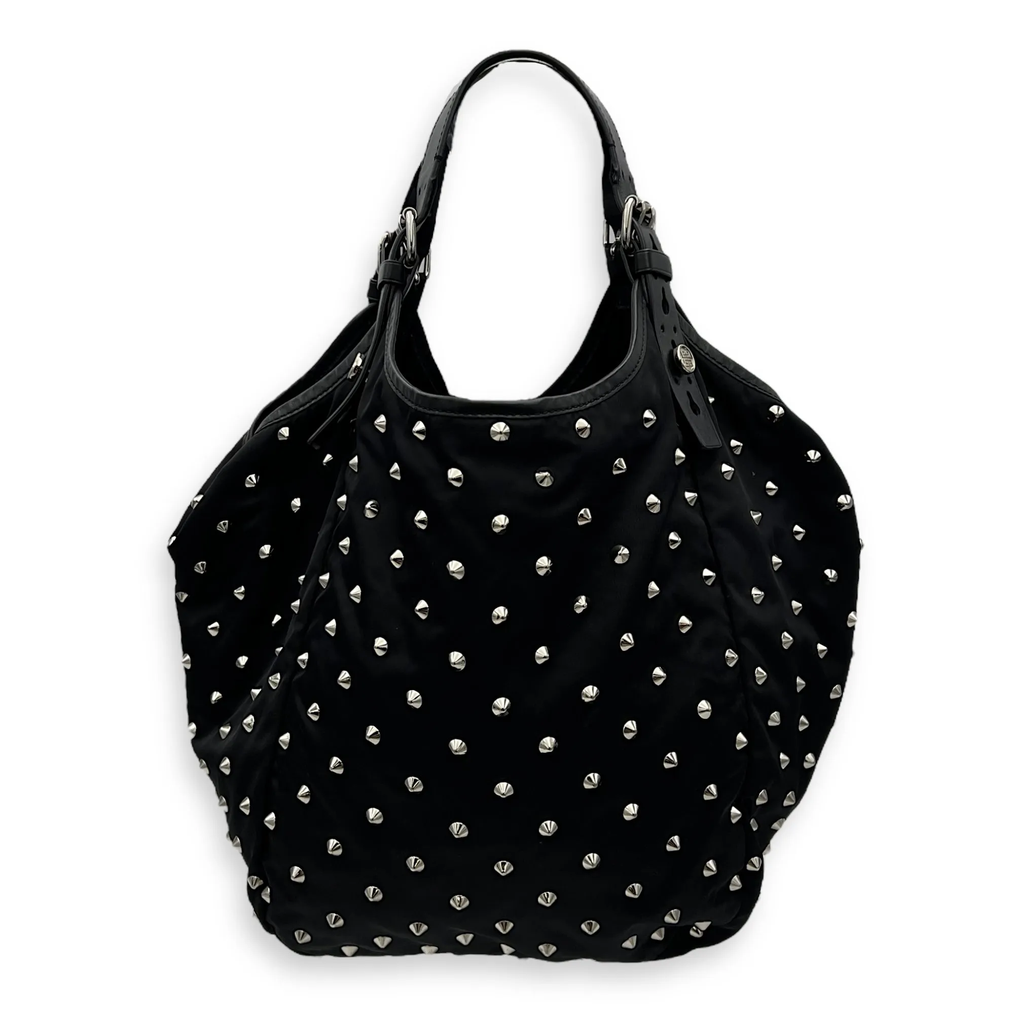 Studded Hobo Black Shoulder Bag in Nylon, Silver hardware