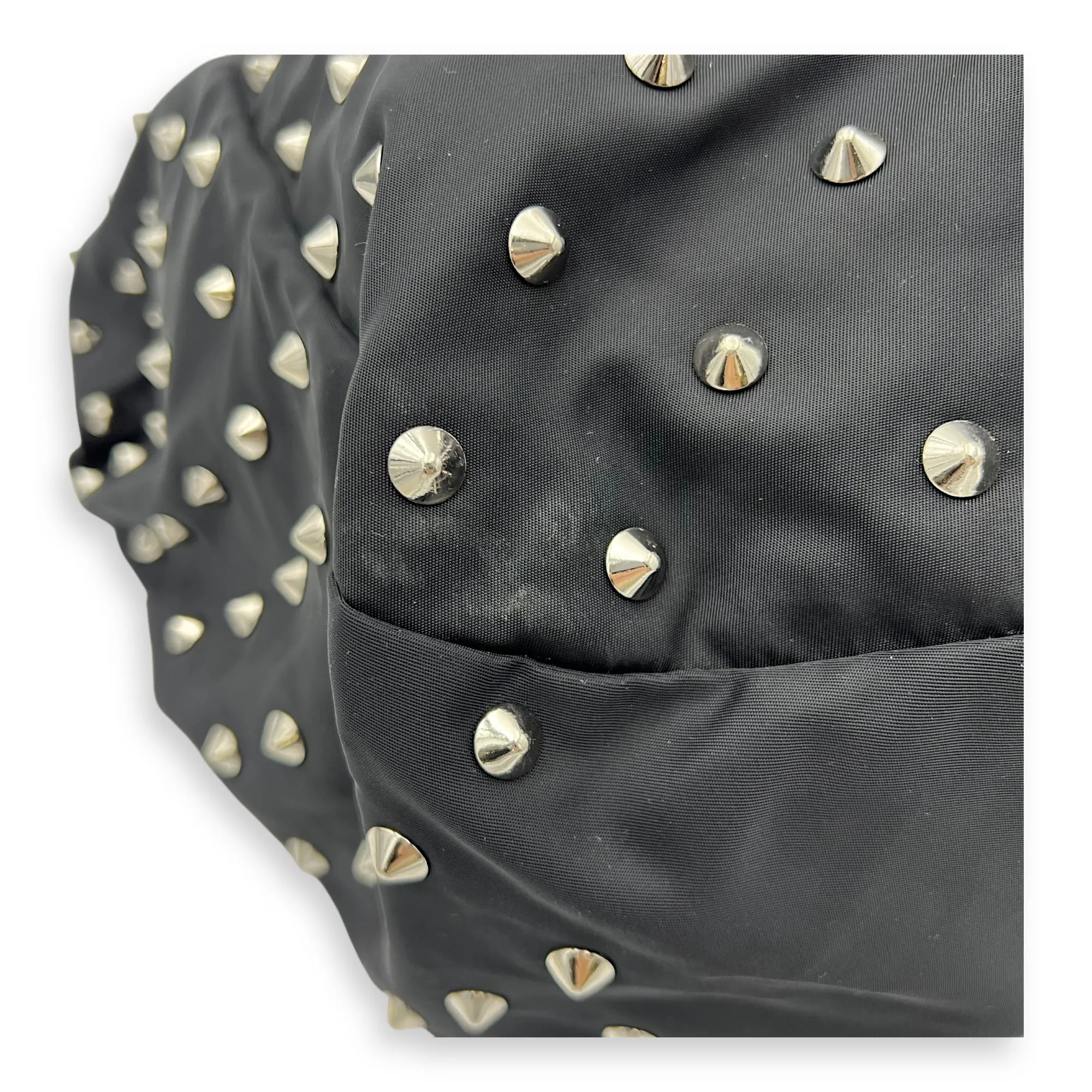 Studded Hobo Black Shoulder Bag in Nylon, Silver hardware