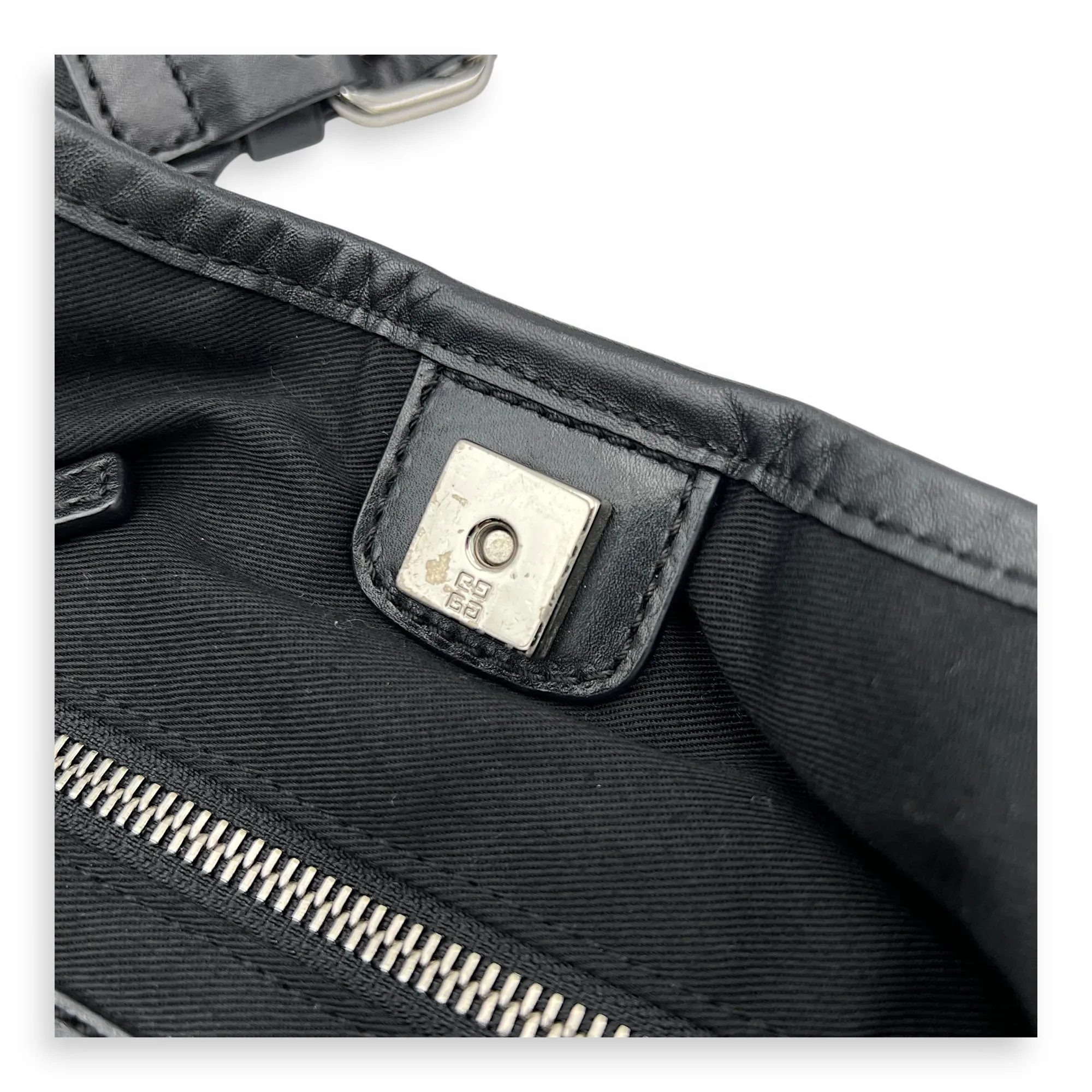 Studded Hobo Black Shoulder Bag in Nylon, Silver hardware