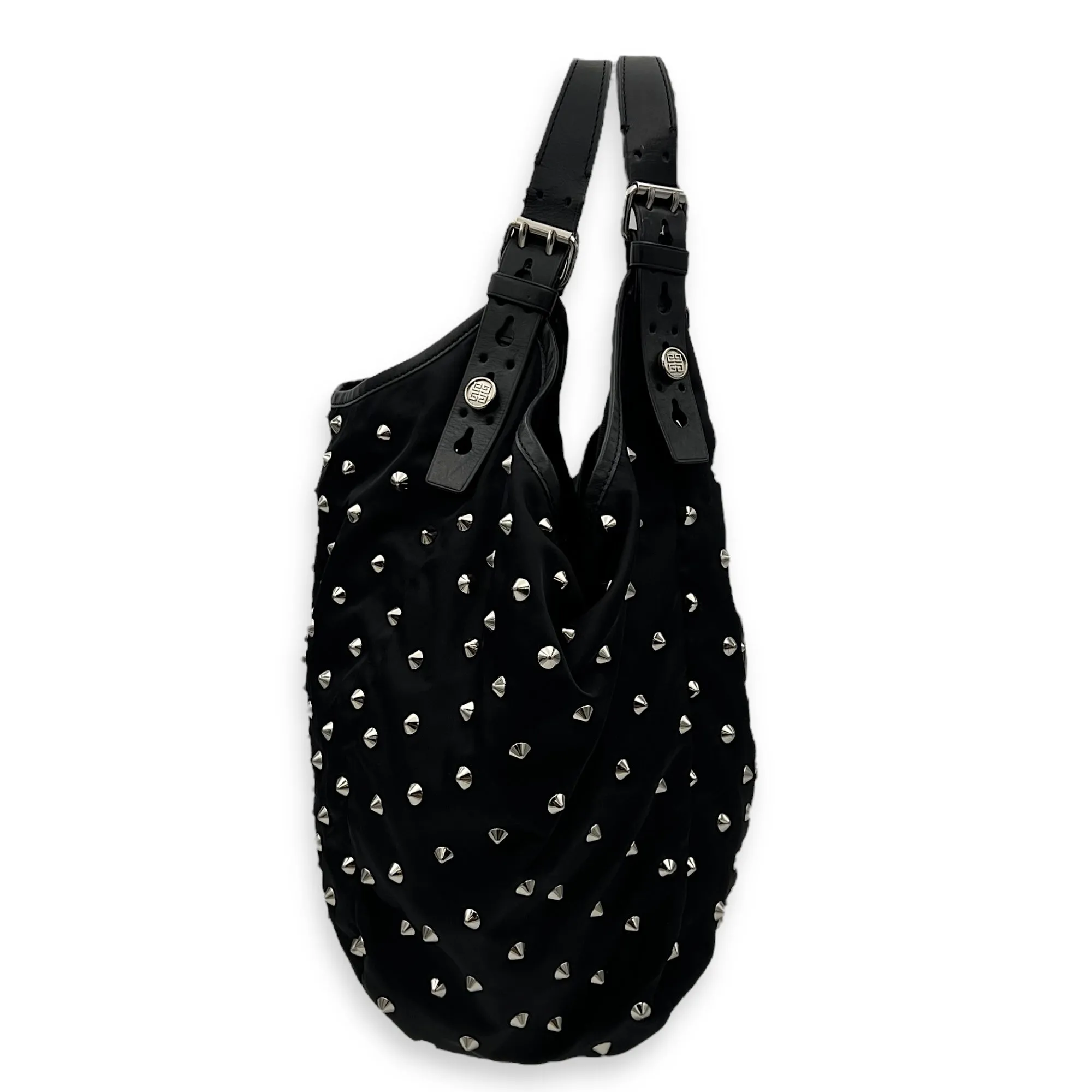 Studded Hobo Black Shoulder Bag in Nylon, Silver hardware