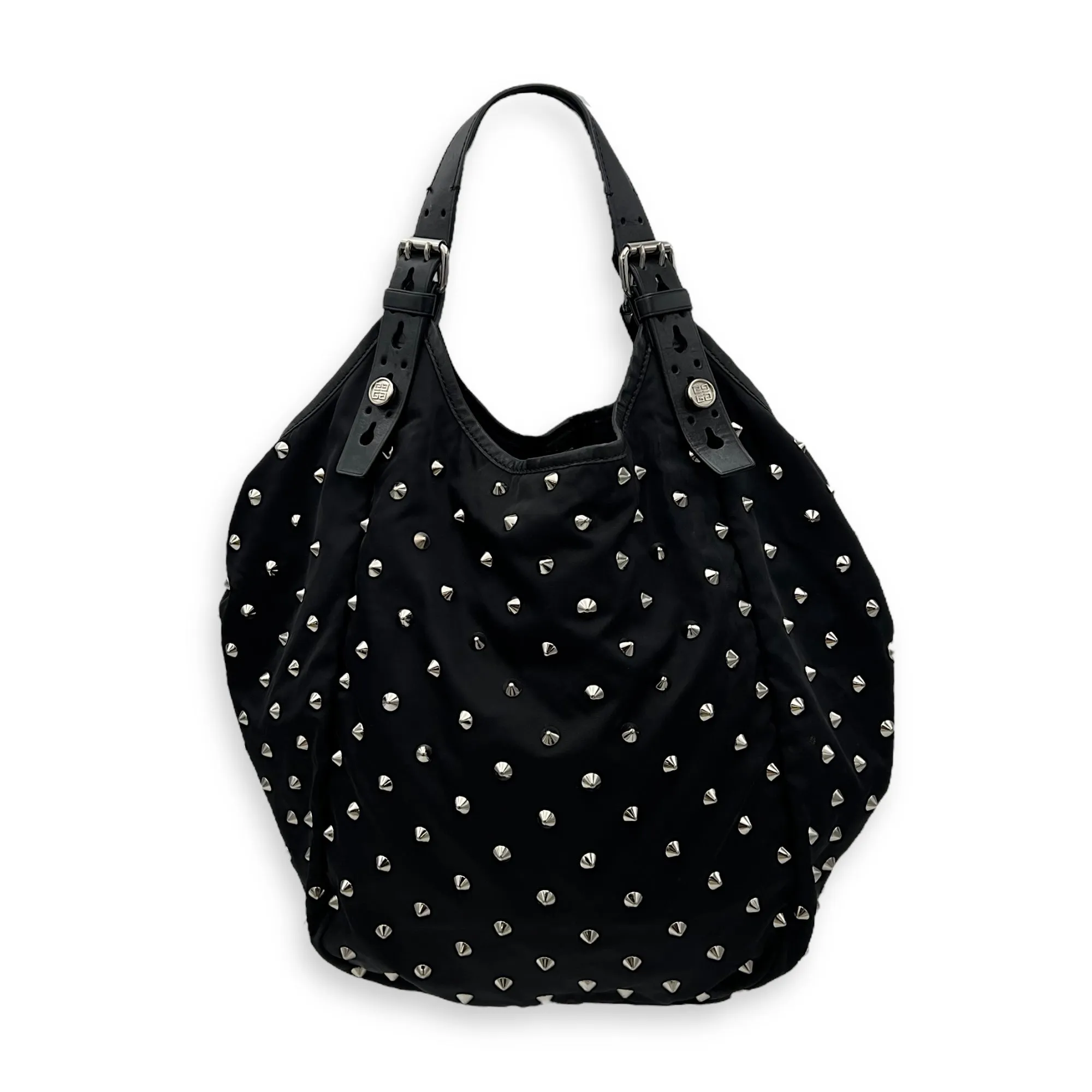 Studded Hobo Black Shoulder Bag in Nylon, Silver hardware