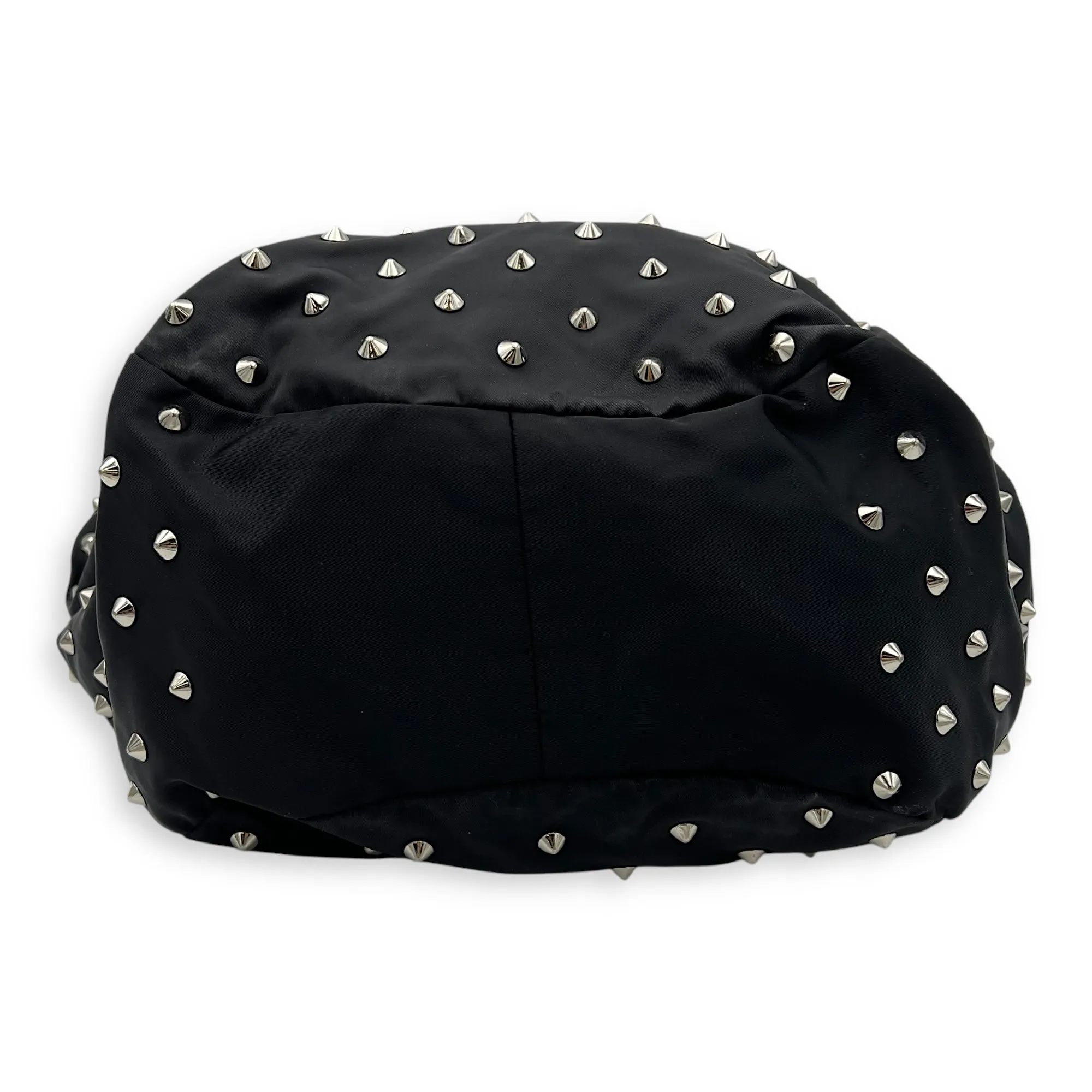 Studded Hobo Black Shoulder Bag in Nylon, Silver hardware
