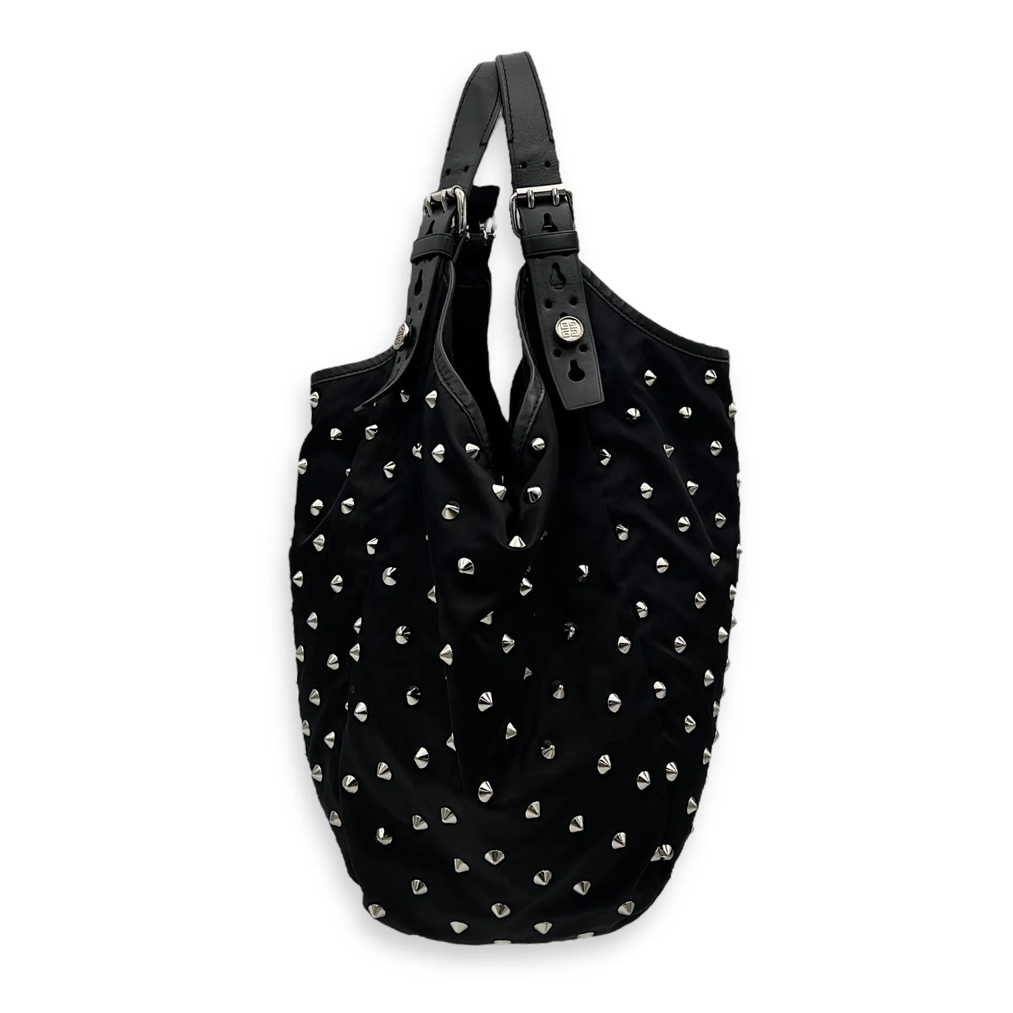 Studded Hobo Black Shoulder Bag in Nylon, Silver hardware