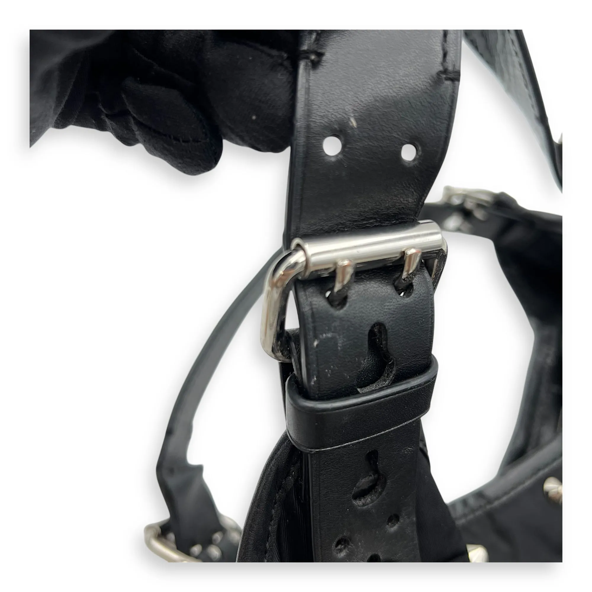 Studded Hobo Black Shoulder Bag in Nylon, Silver hardware