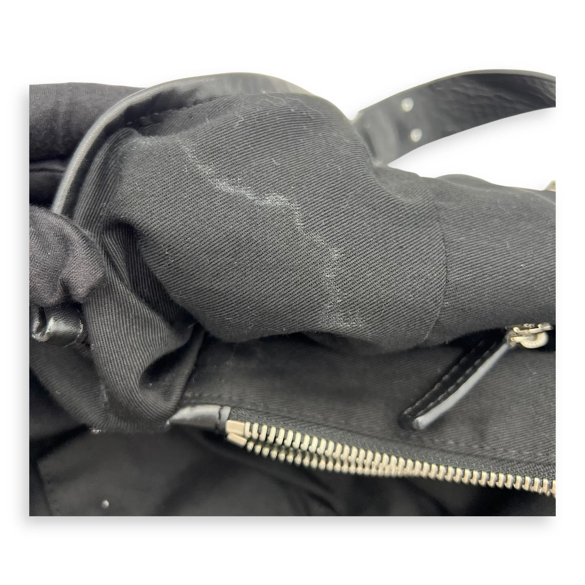 Studded Hobo Black Shoulder Bag in Nylon, Silver hardware