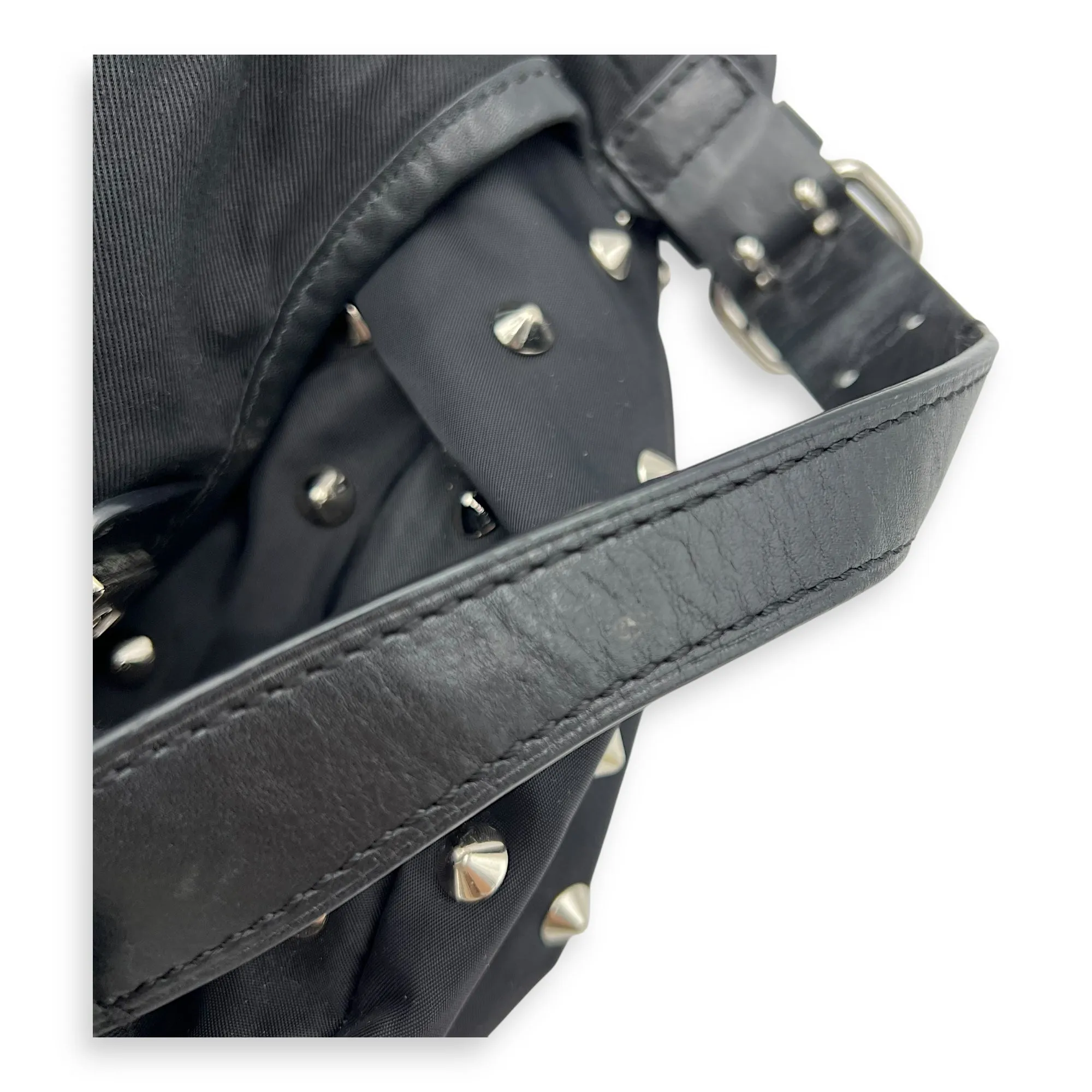 Studded Hobo Black Shoulder Bag in Nylon, Silver hardware