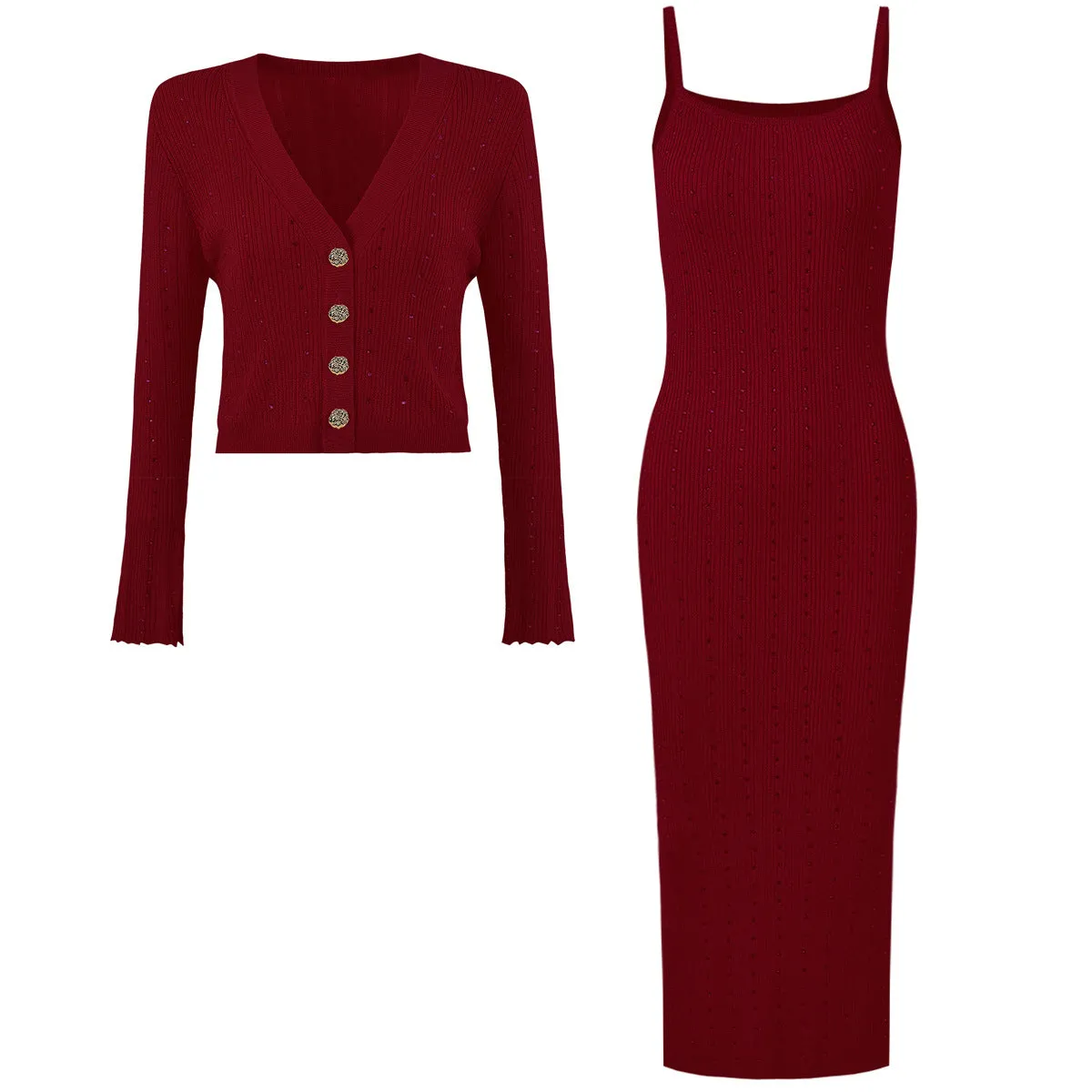Studded Knit Flare Cuff Cardigan and Maxi Dress Set