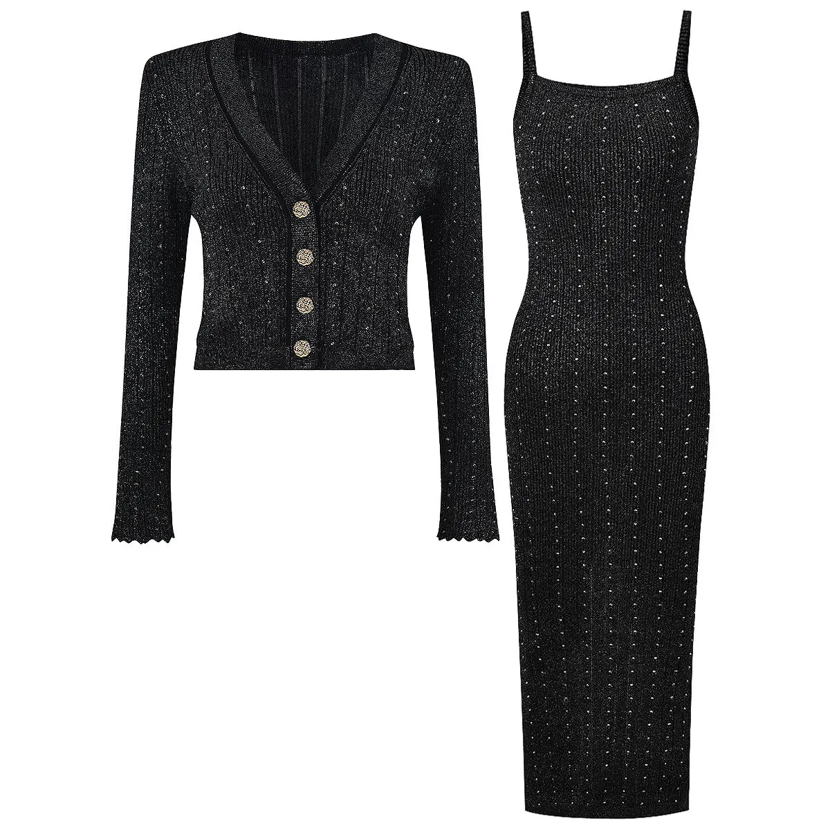 Studded Knit Flare Cuff Cardigan and Maxi Dress Set