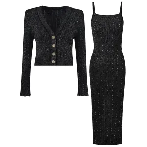 Studded Knit Flare Cuff Cardigan and Maxi Dress Set