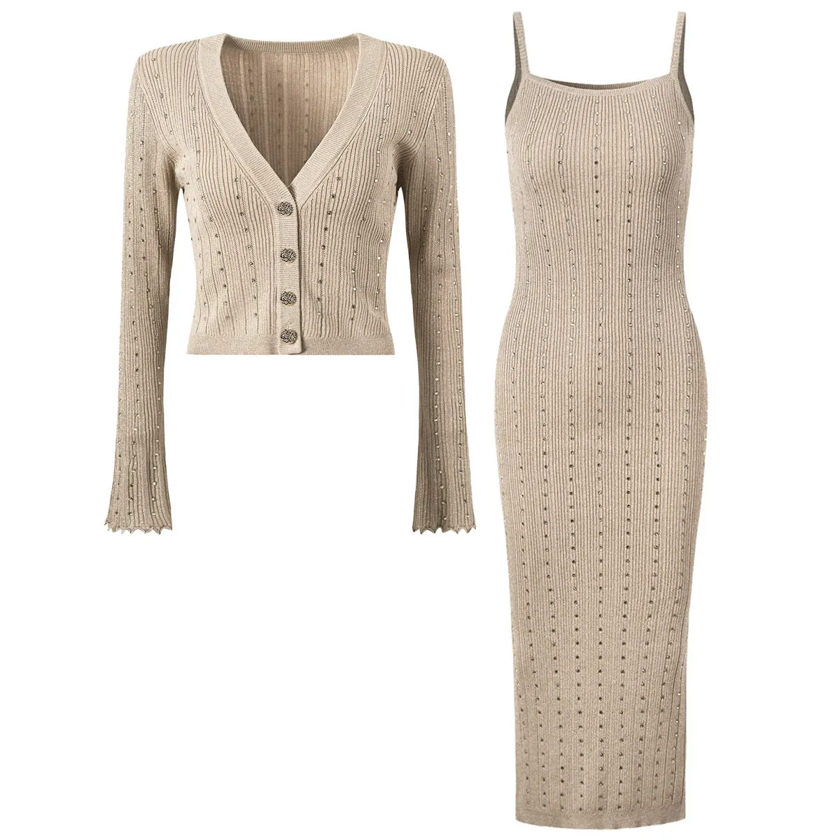 Studded Knit Flare Cuff Cardigan and Maxi Dress Set