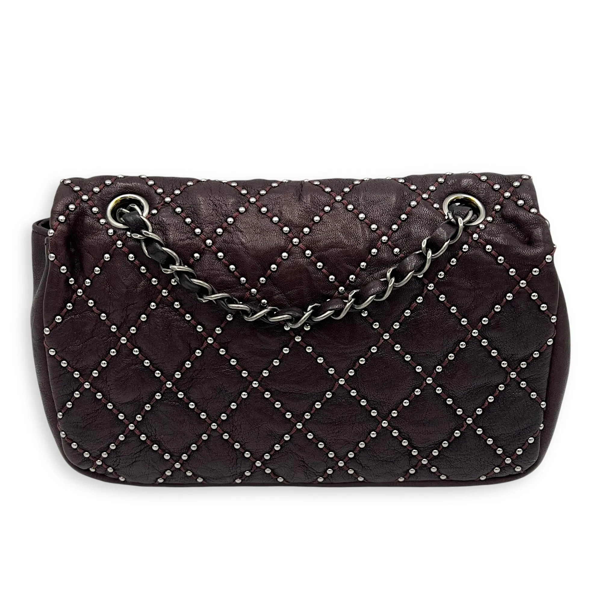 Studded Shoulder Bag Red in Calfskin, Ruthenium hardware