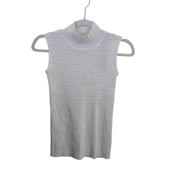 T Tahari NWT Ivory Gold Studded Ribbed Mock Neck Sleeveless Top Size XS
