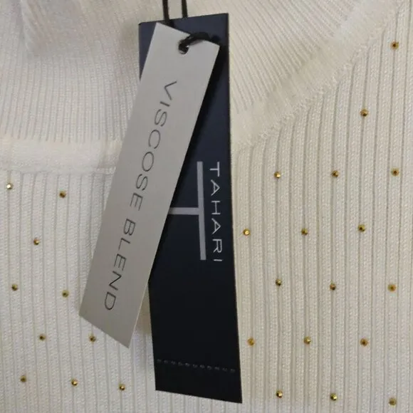 T Tahari NWT Ivory Gold Studded Ribbed Mock Neck Sleeveless Top Size XS