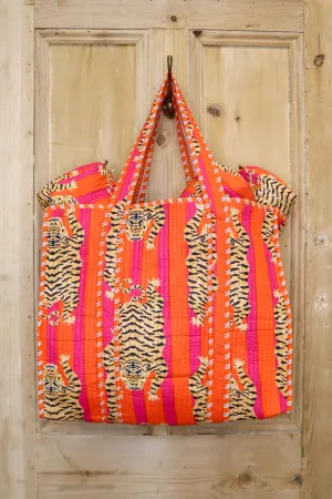 The Jungle Majesty Reversible Quilted Tote Bag & 3-in-1 Makeup Set | Orange & Fuchsia