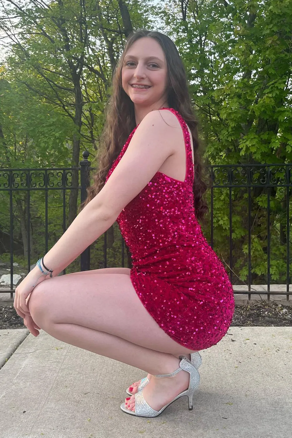 Tight Fuchsia Homecoming Dress Sequined One Shoulder Cocktail Dress