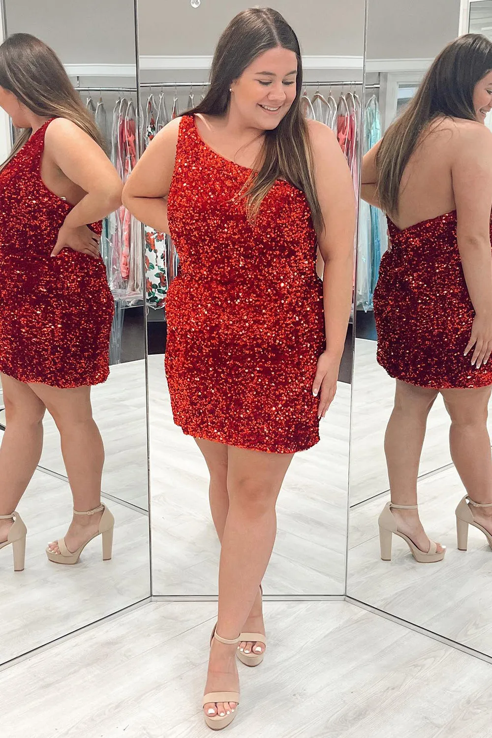Tight Fuchsia Homecoming Dress Sequined One Shoulder Cocktail Dress