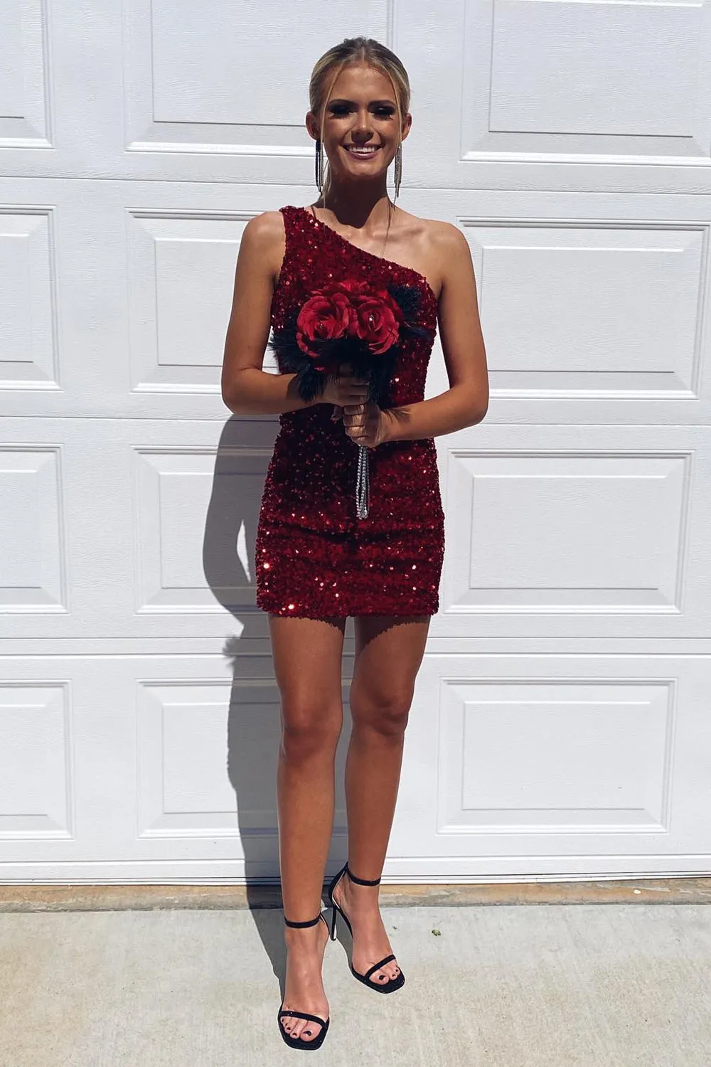 Tight Fuchsia Homecoming Dress Sequined One Shoulder Cocktail Dress