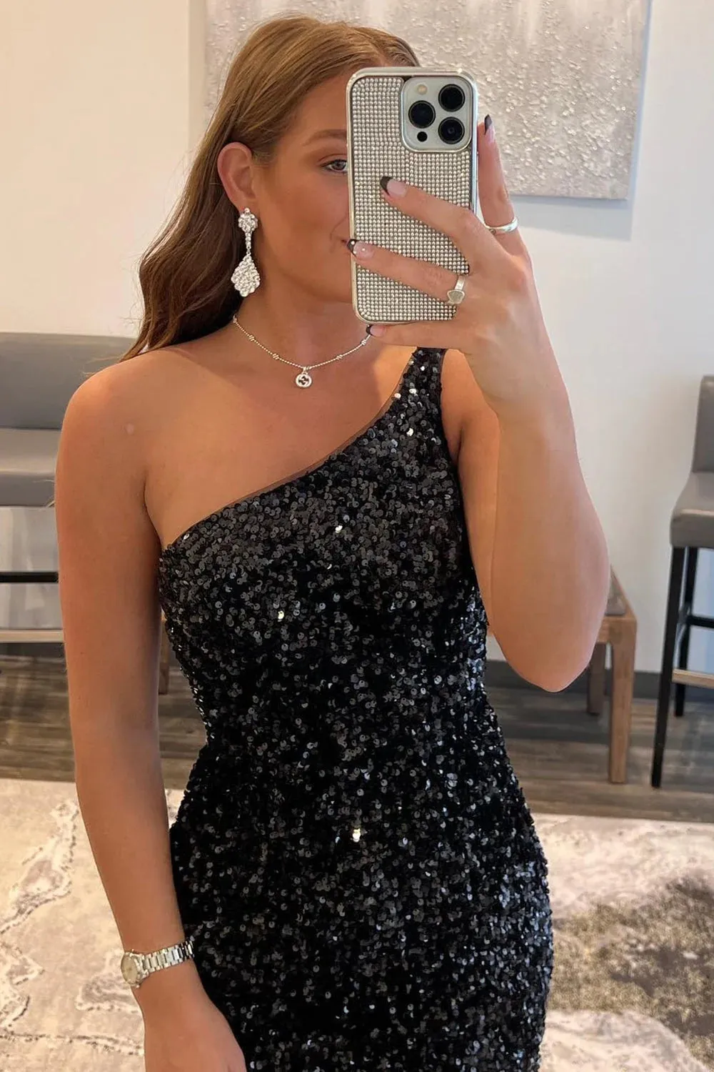 Tight Fuchsia Homecoming Dress Sequined One Shoulder Cocktail Dress
