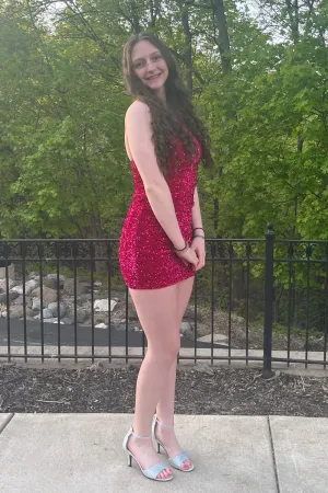 Tight Fuchsia Homecoming Dress Sequined One Shoulder Cocktail Dress