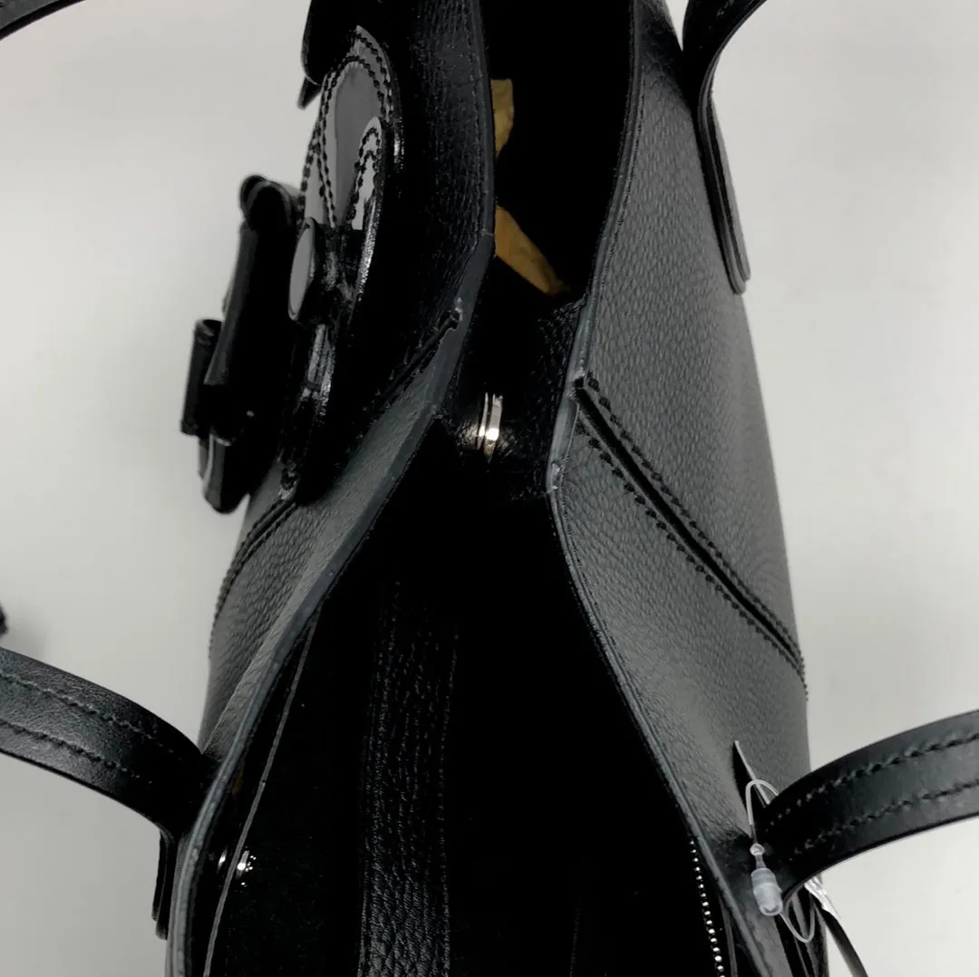 TOD'S Black Leather Tote Bag with Leather/Patent Leather Flowers