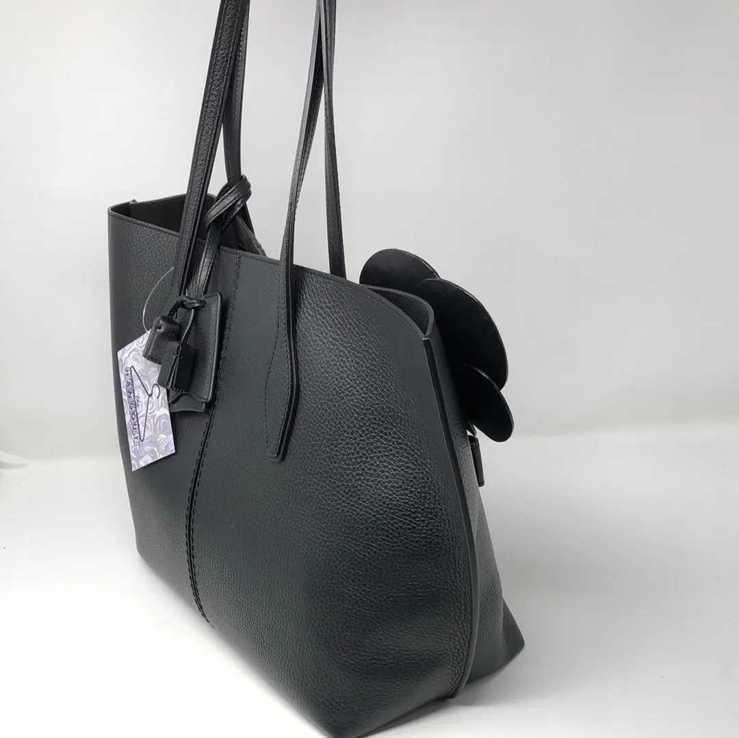 TOD'S Black Leather Tote Bag with Leather/Patent Leather Flowers