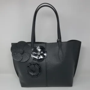 TOD'S Black Leather Tote Bag with Leather/Patent Leather Flowers