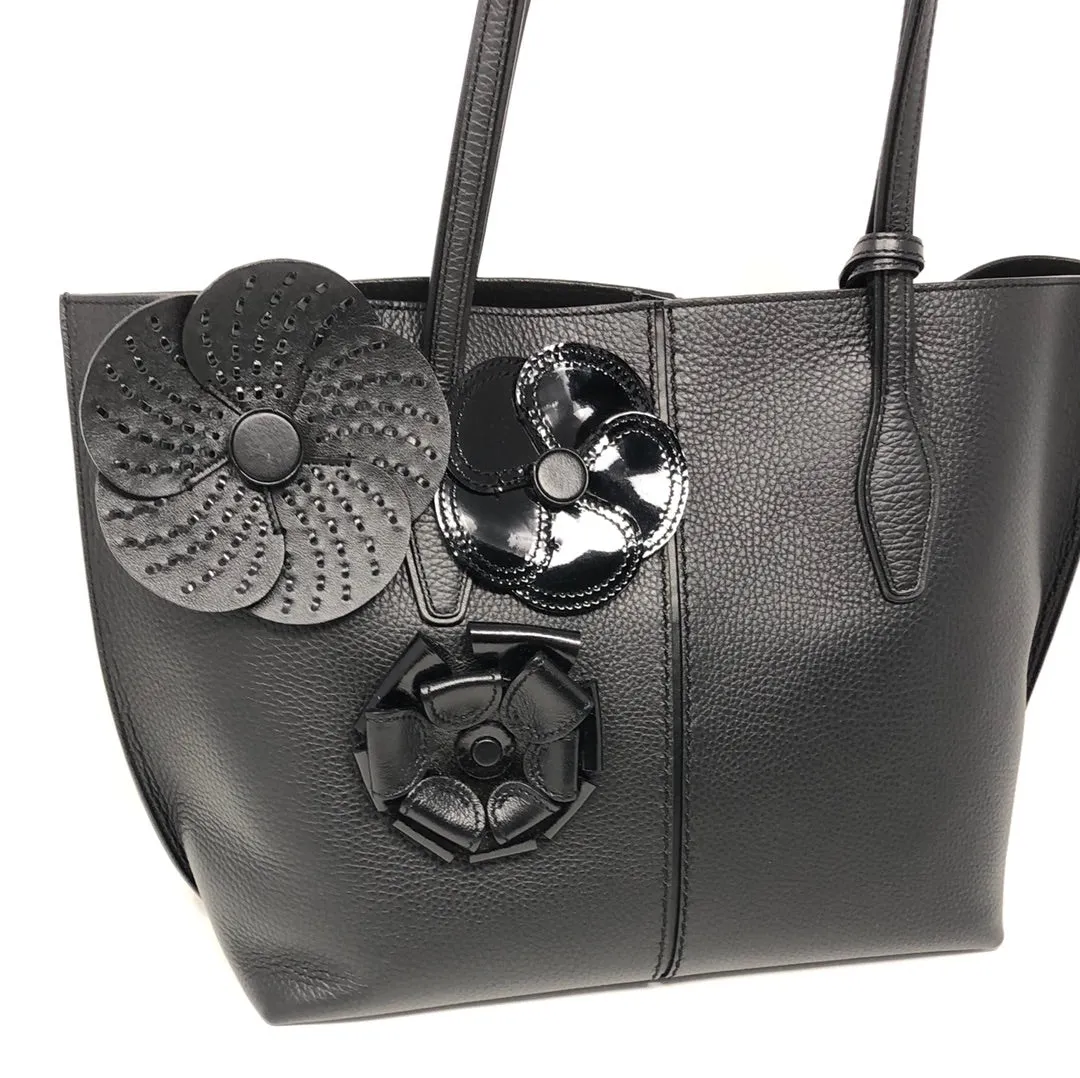 TOD'S Black Leather Tote Bag with Leather/Patent Leather Flowers