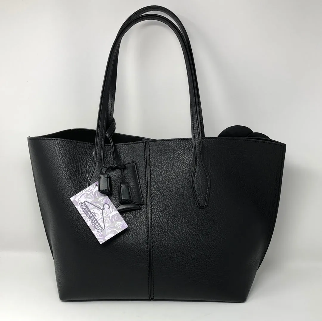 TOD'S Black Leather Tote Bag with Leather/Patent Leather Flowers